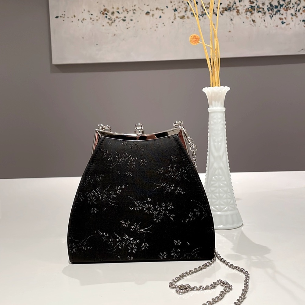 (2/$30) Black cocktail purse with black floral + silver tone chain strap/closure